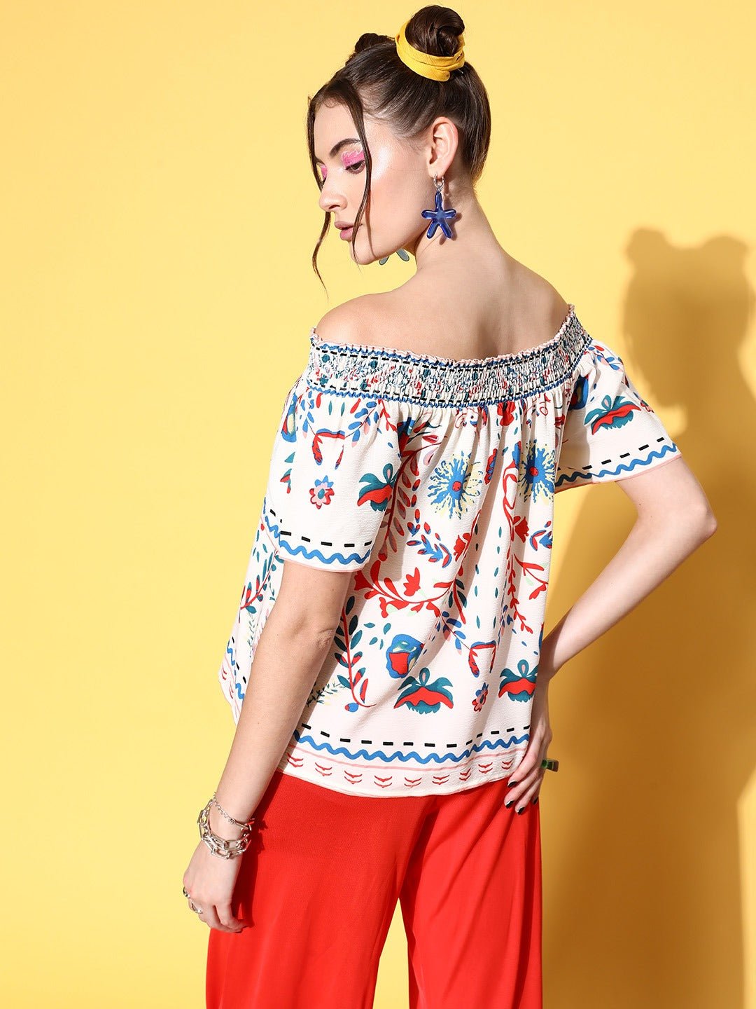 Folk Republic Women White & Blue Tribal Printed Off-Shoulder Neck Crepe Regular Top - #folk republic#