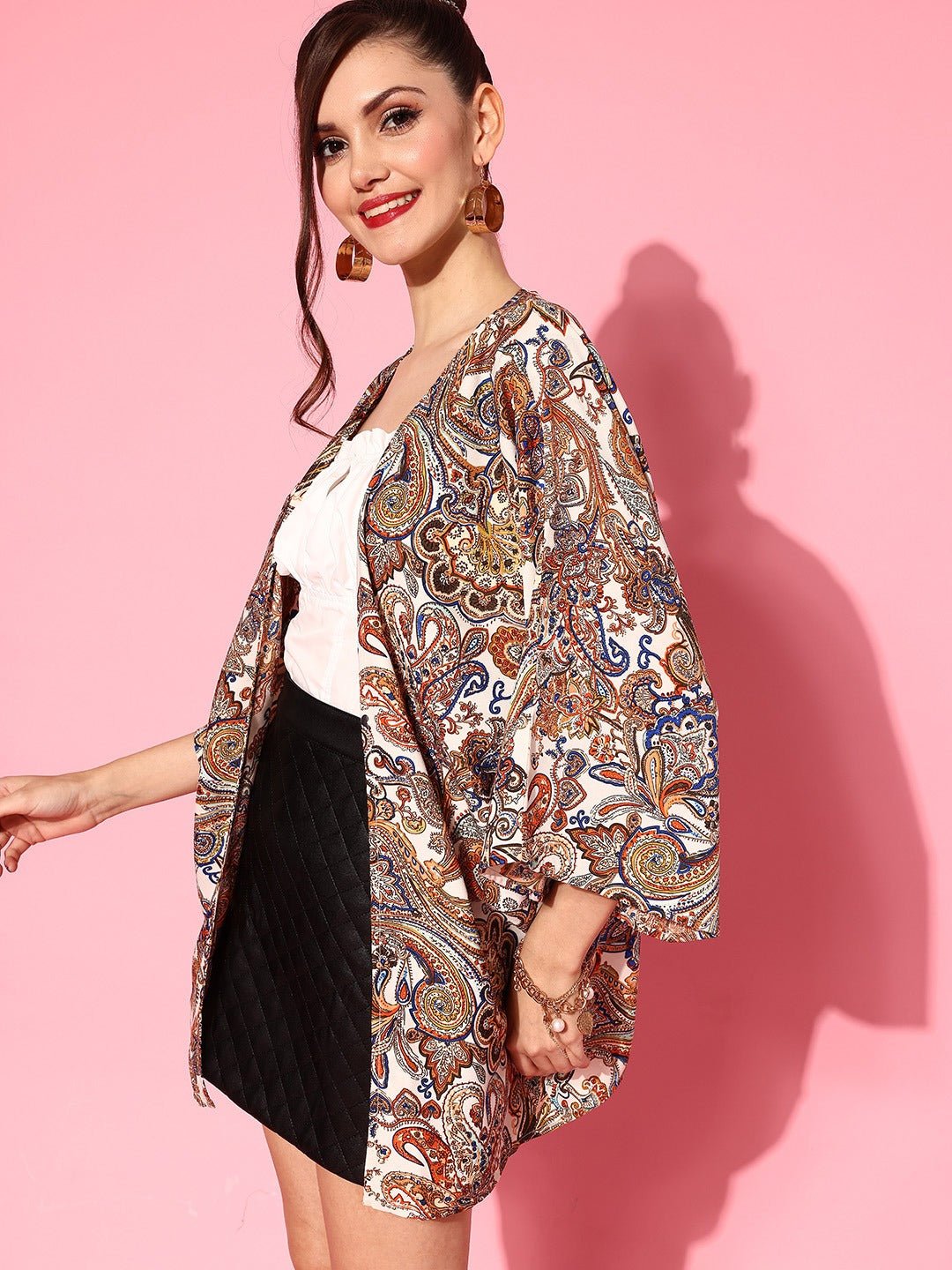 Folk Republic Women White & Brown Paisley Printed Open Front Straight Hem Longline Shrug - #folk republic#