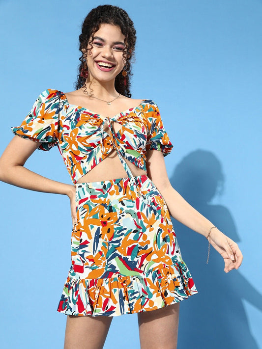 Folk Republic Women White Brushstroke Print Front Peekaboo Ruffled A-Line Mini Dress - #folk republic#
