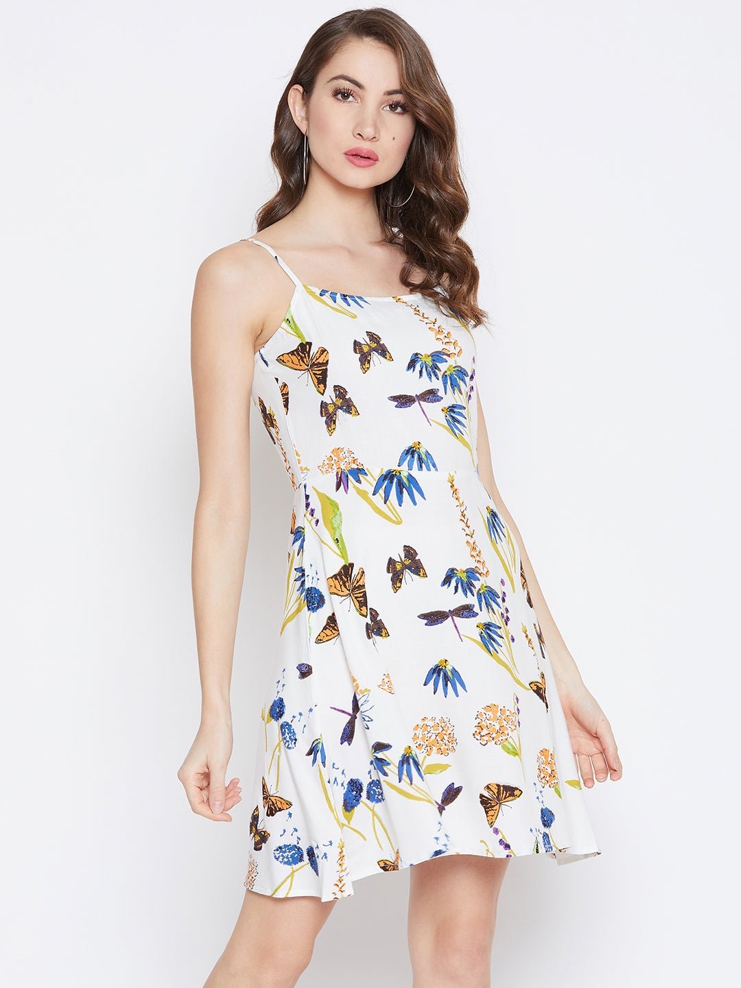 Folk Republic Women White Floral & Butterfly Printed Square Neck Fit & Flare Mini Dress - #folk republic#