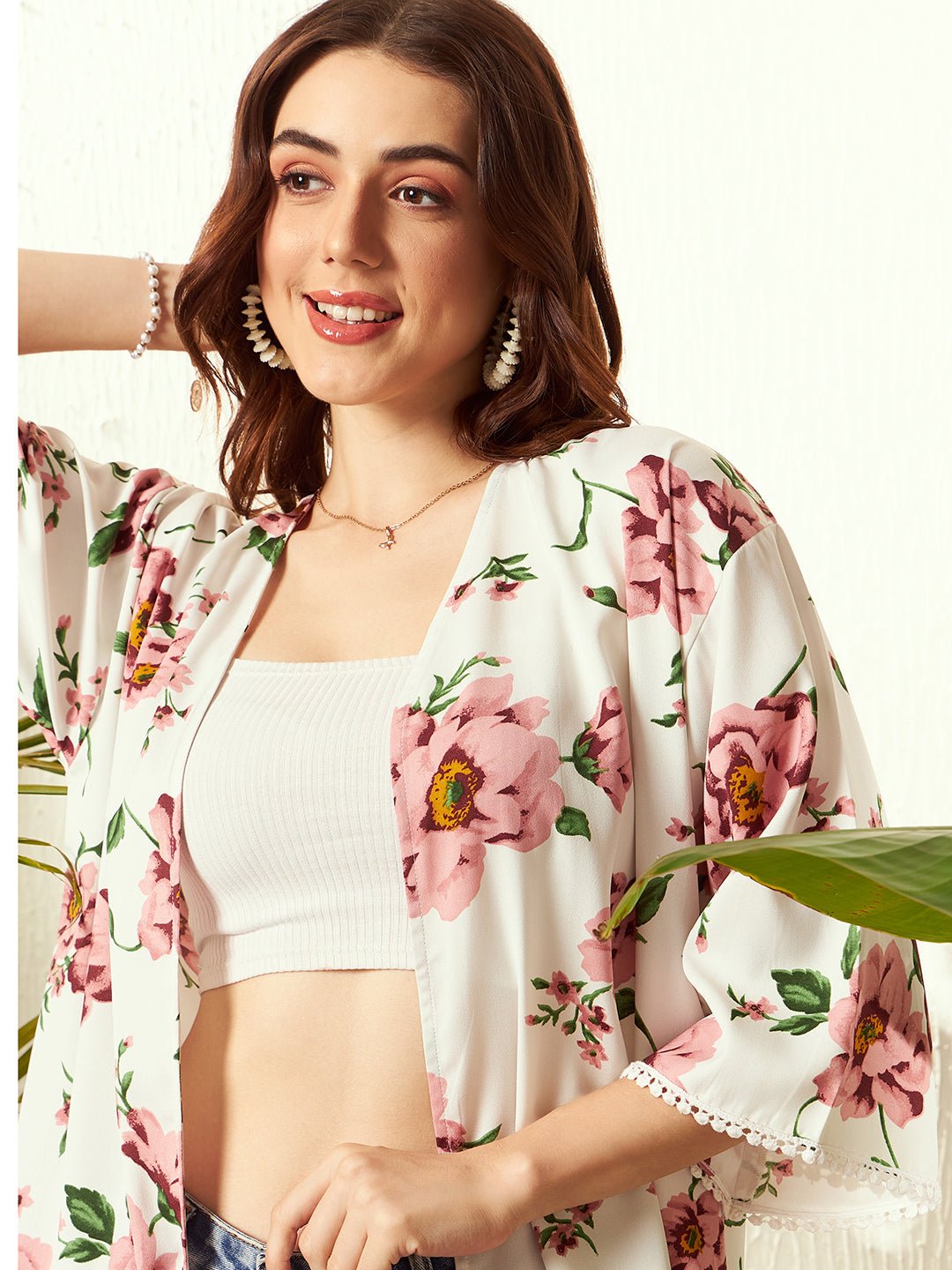 Folk Republic Women White Floral Print Open Front Longline Shrug - #folk republic#