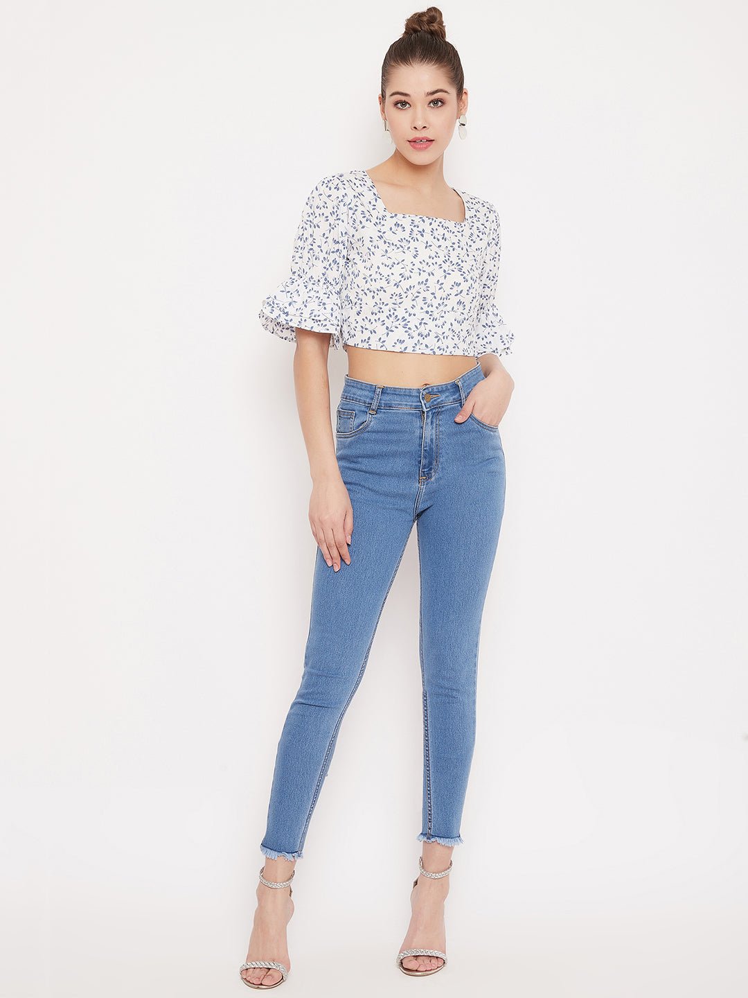 Folk Republic Women White Floral Print Square Neck Crop Top - #folk republic#