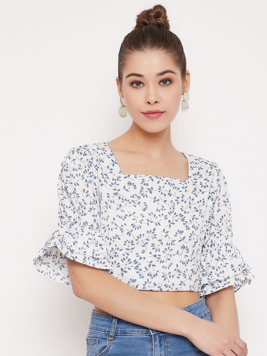 Folk Republic Women White Floral Print Square Neck Crop Top - #folk republic#