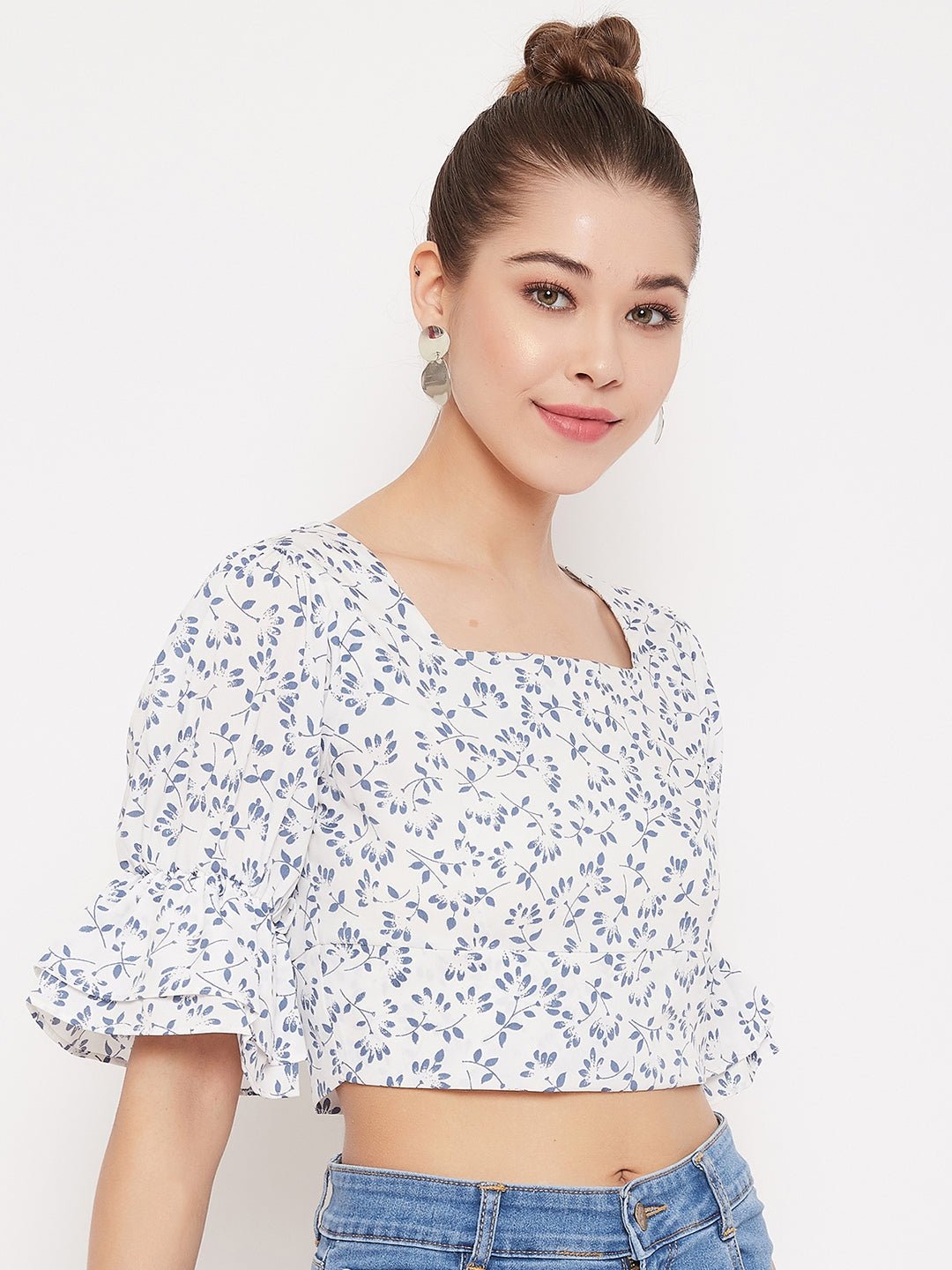 Folk Republic Women White Floral Print Square Neck Crop Top - #folk republic#