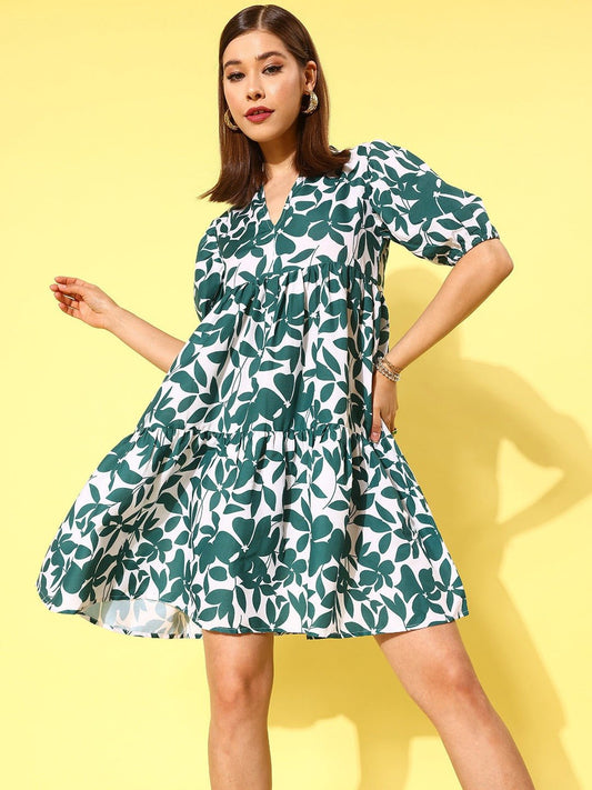 Folk Republic Women White Floral Print V-Neck A-Line Mini Dress - #folk republic#