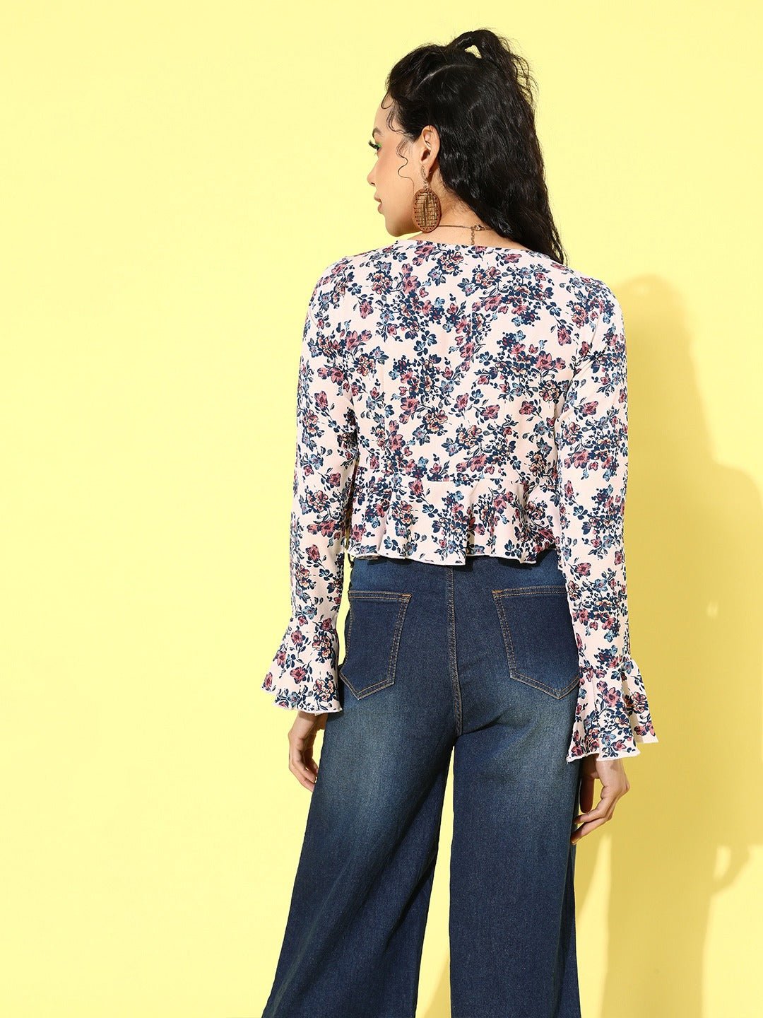 Folk Republic Women White Floral Printed Front Tie-Up High-Low Ruffled Crop Top - #folk republic#