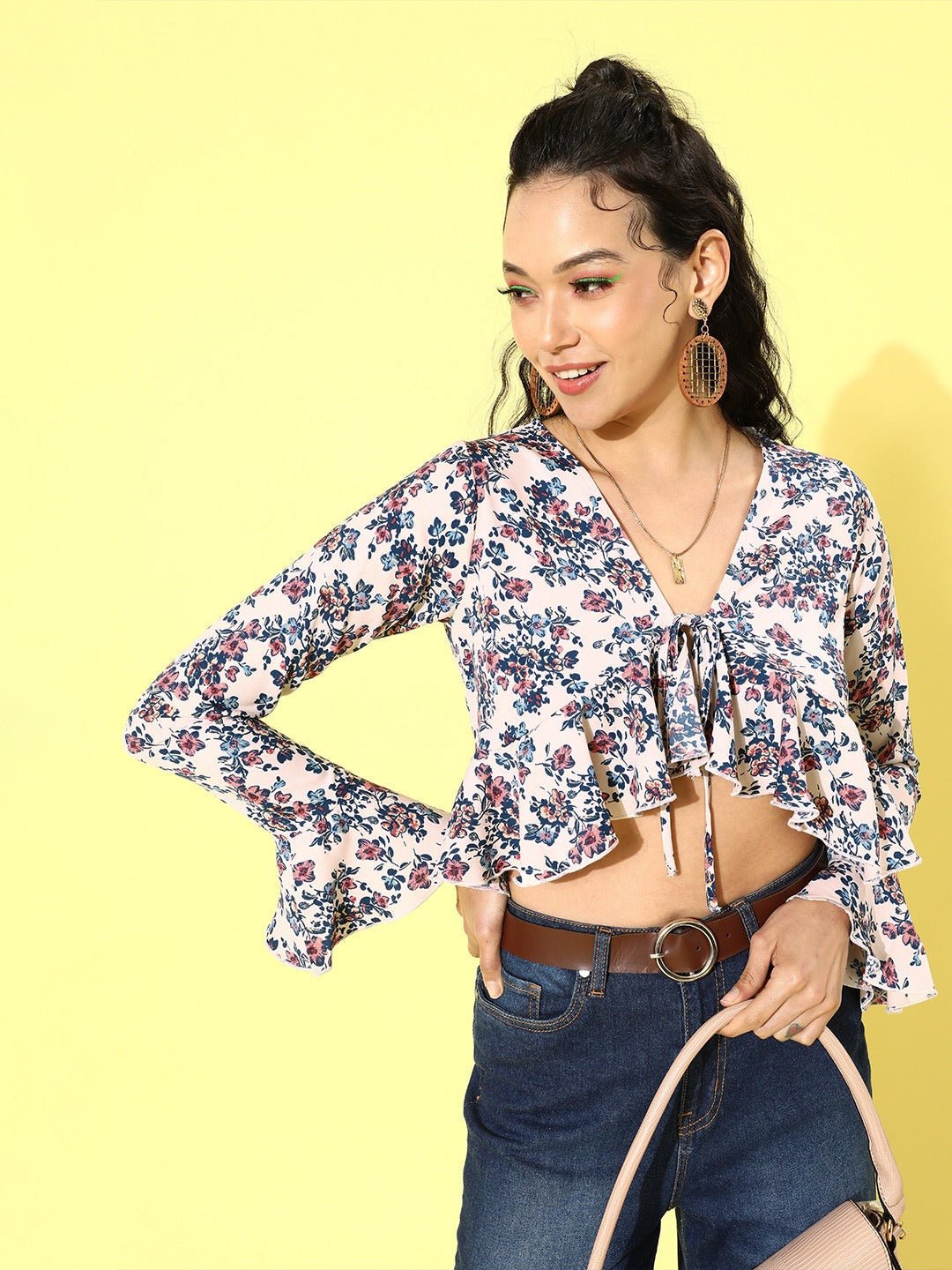 Folk Republic Women White Floral Printed Front Tie-Up High-Low Ruffled Crop Top - #folk republic#