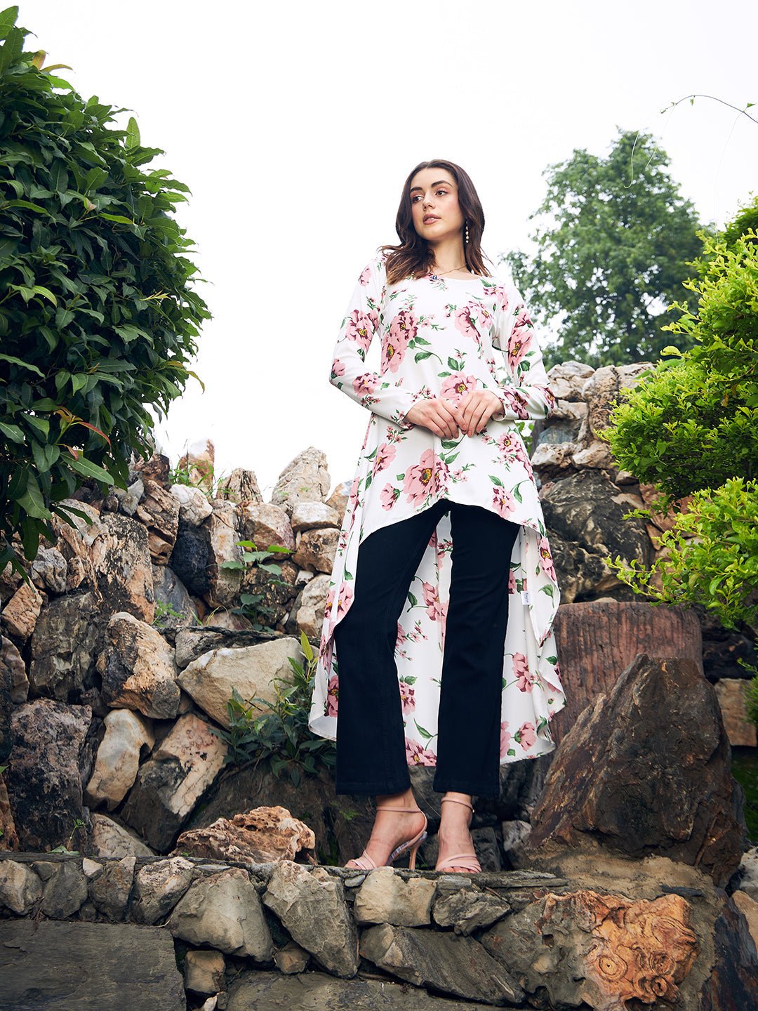 Folk Republic Women White Floral Printed High-Low Longline Top - #folk republic#