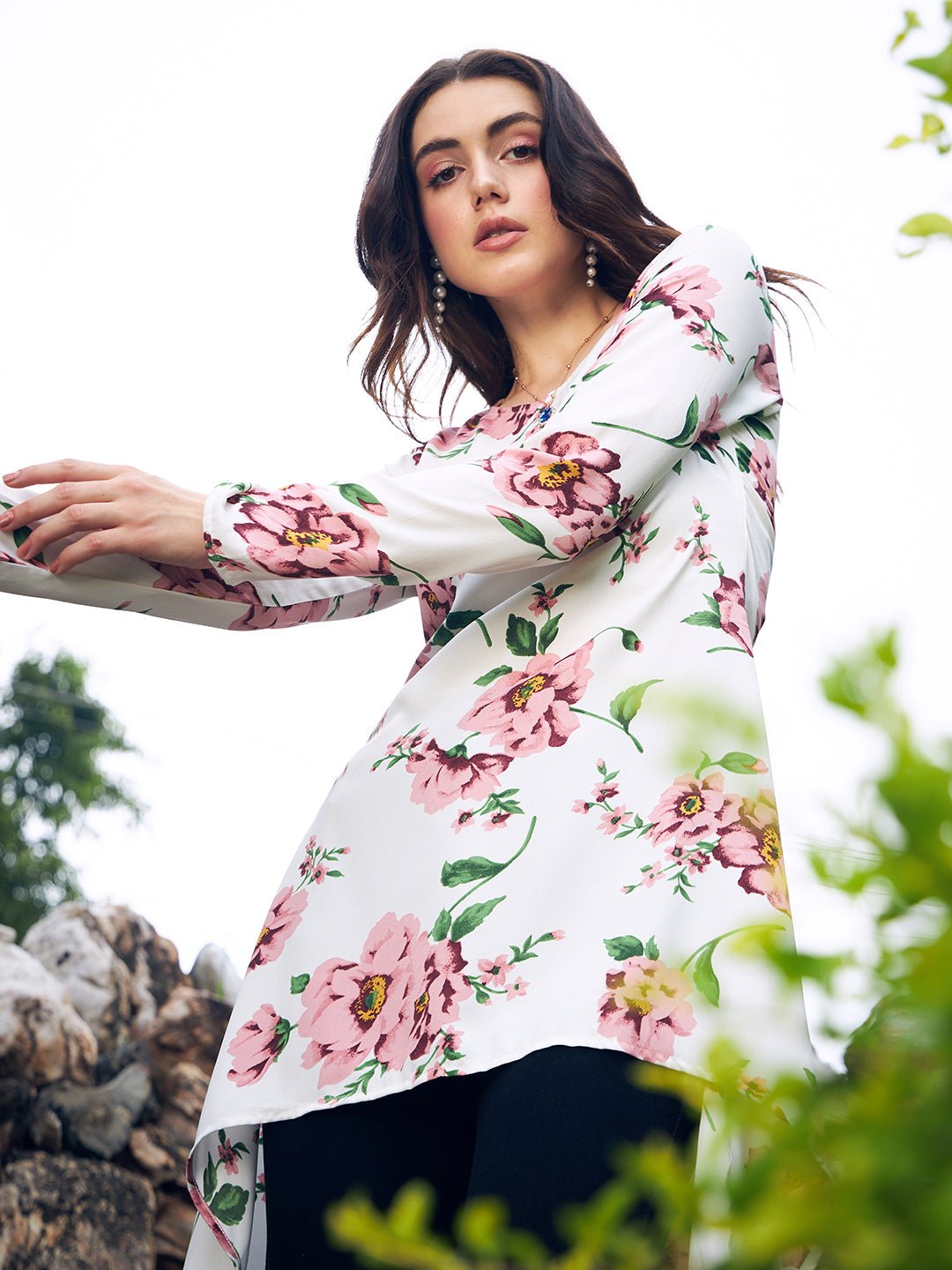 Folk Republic Women White Floral Printed High-Low Longline Top - #folk republic#
