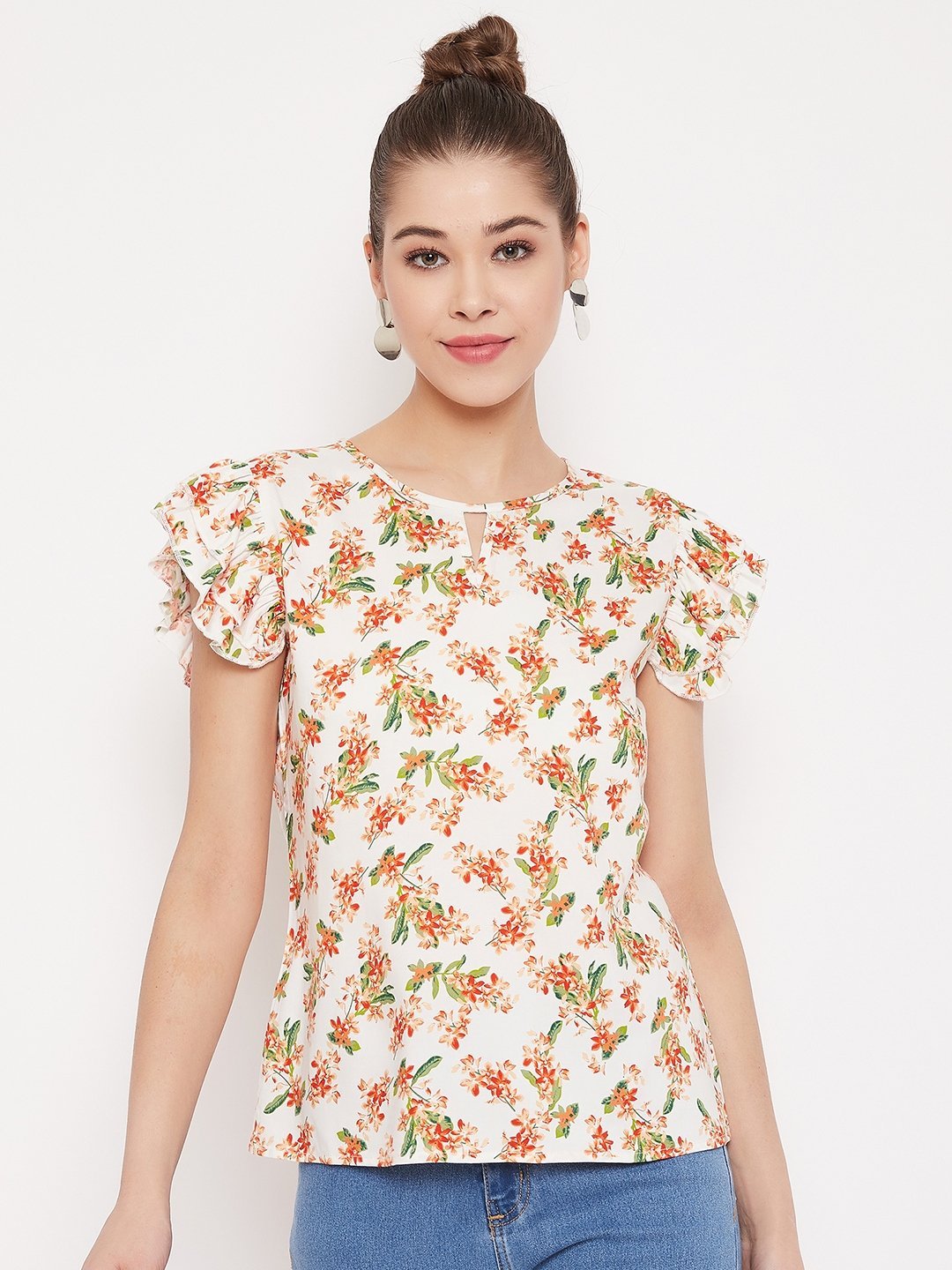 Folk Republic Women White Floral Printed Keyhole Neck Ruffle Top - #folk republic#