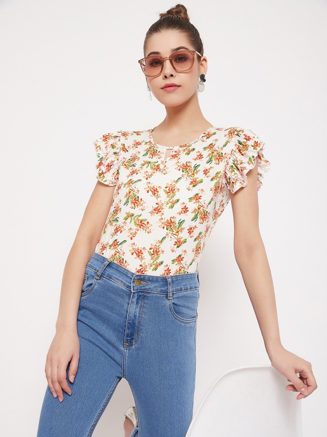 Folk Republic Women White Floral Printed Keyhole Neck Ruffle Top - #folk republic#