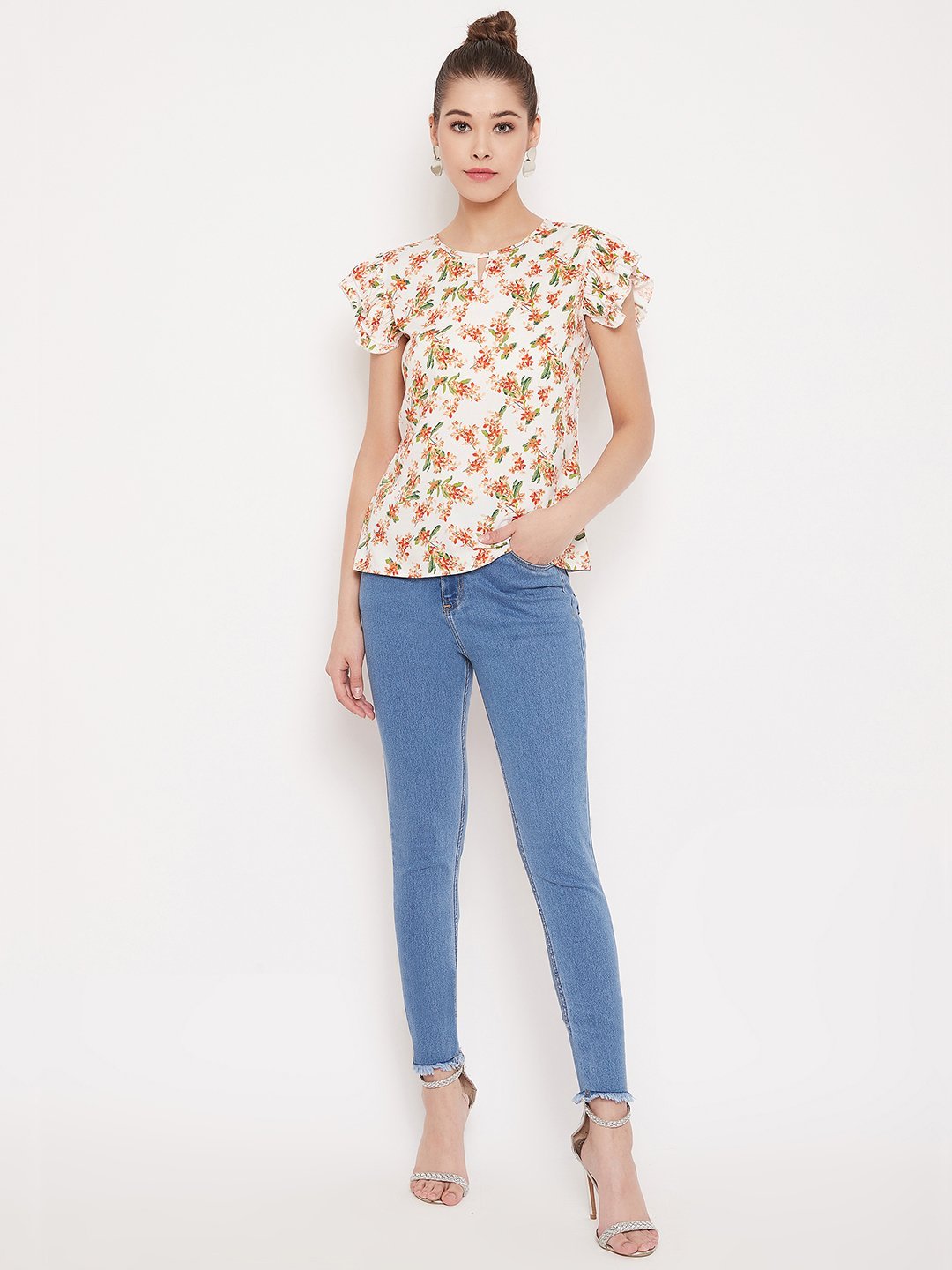 Folk Republic Women White Floral Printed Keyhole Neck Ruffle Top - #folk republic#