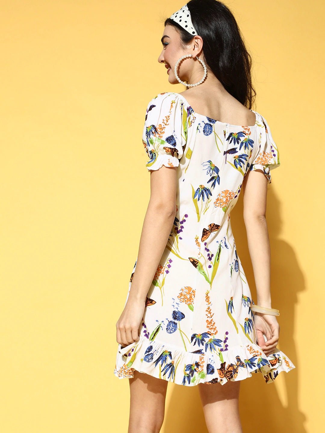 Folk Republic Women White Floral Printed Off-Shoulder A-Line Mini Dress - #folk republic#