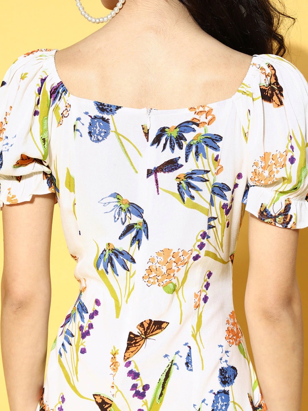 Folk Republic Women White Floral Printed Off-Shoulder A-Line Mini Dress - #folk republic#