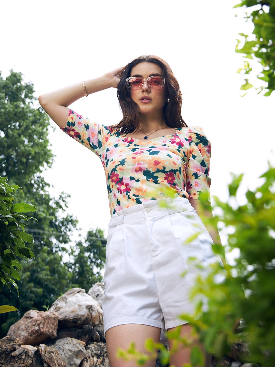 Folk Republic Women White Floral Printed Puff Sleeves Fitted T-shirt - #folk republic#