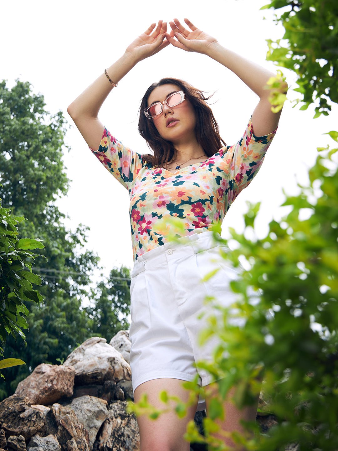 Folk Republic Women White Floral Printed Puff Sleeves Fitted T-shirt - #folk republic#