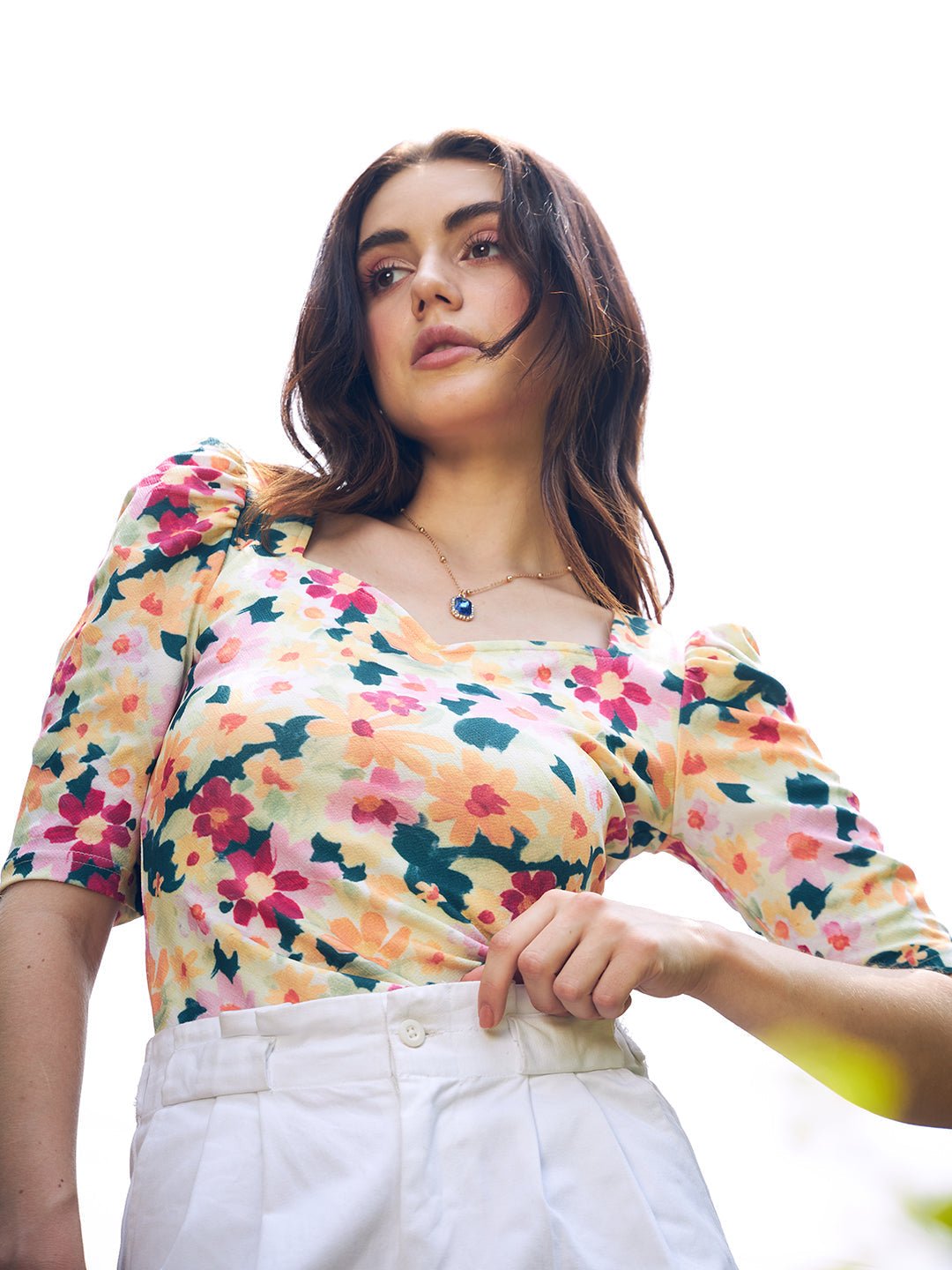 Folk Republic Women White Floral Printed Puff Sleeves Fitted T-shirt - #folk republic#