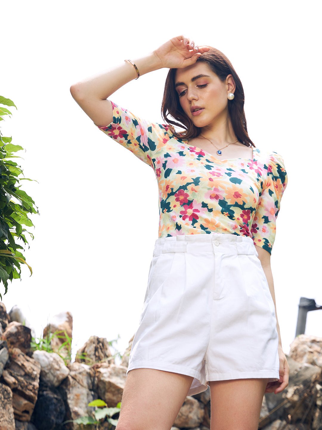 Folk Republic Women White Floral Printed Puff Sleeves Fitted T-shirt - #folk republic#