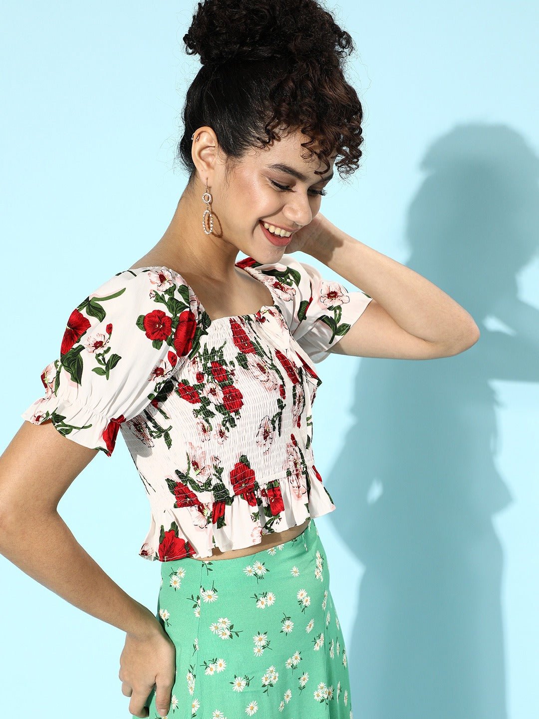 Folk Republic Women White Floral Printed Square-Neck Crepe Fitted Crop Top - #folk republic#