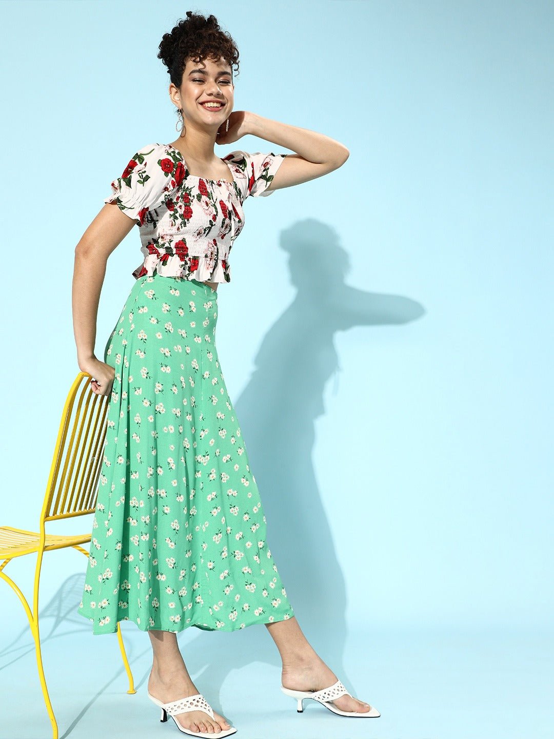 Folk Republic Women White Floral Printed Square-Neck Crepe Fitted Crop Top - #folk republic#