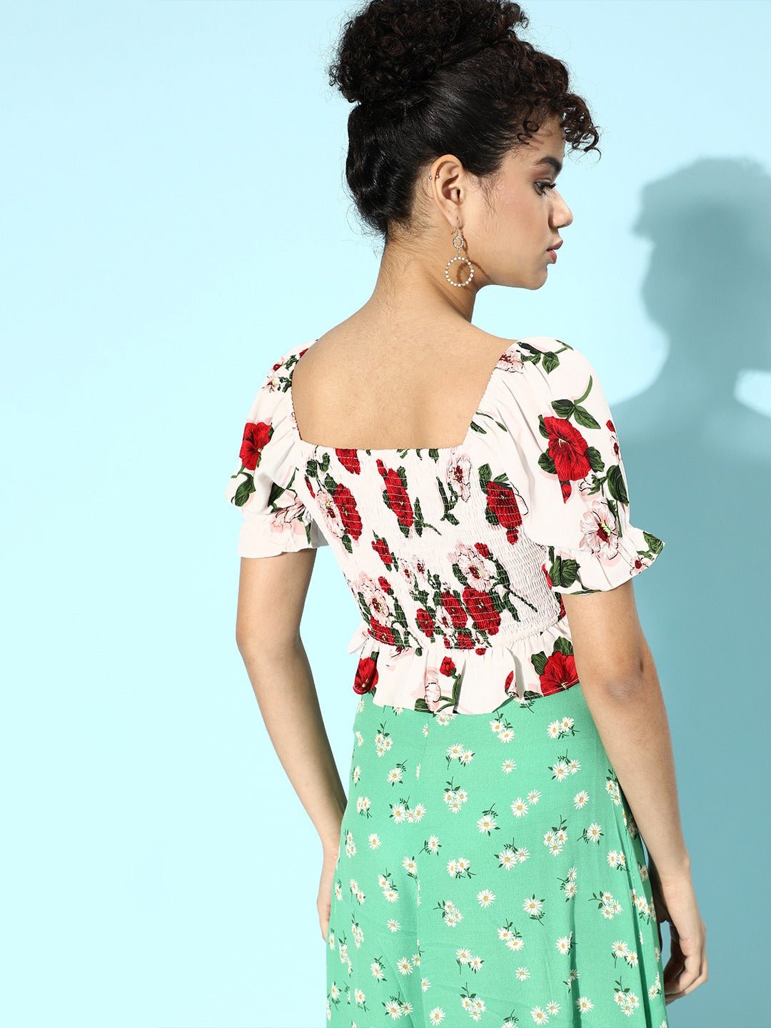 Folk Republic Women White Floral Printed Square-Neck Crepe Fitted Crop Top - #folk republic#