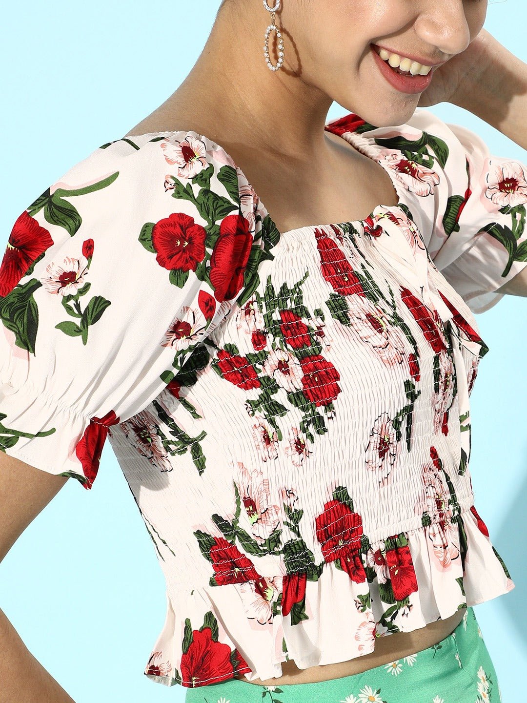 Folk Republic Women White Floral Printed Square-Neck Crepe Fitted Crop Top - #folk republic#