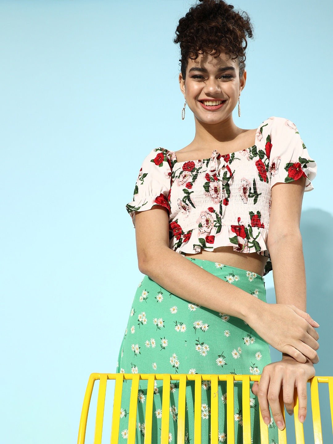 Folk Republic Women White Floral Printed Square-Neck Crepe Fitted Crop Top - #folk republic#