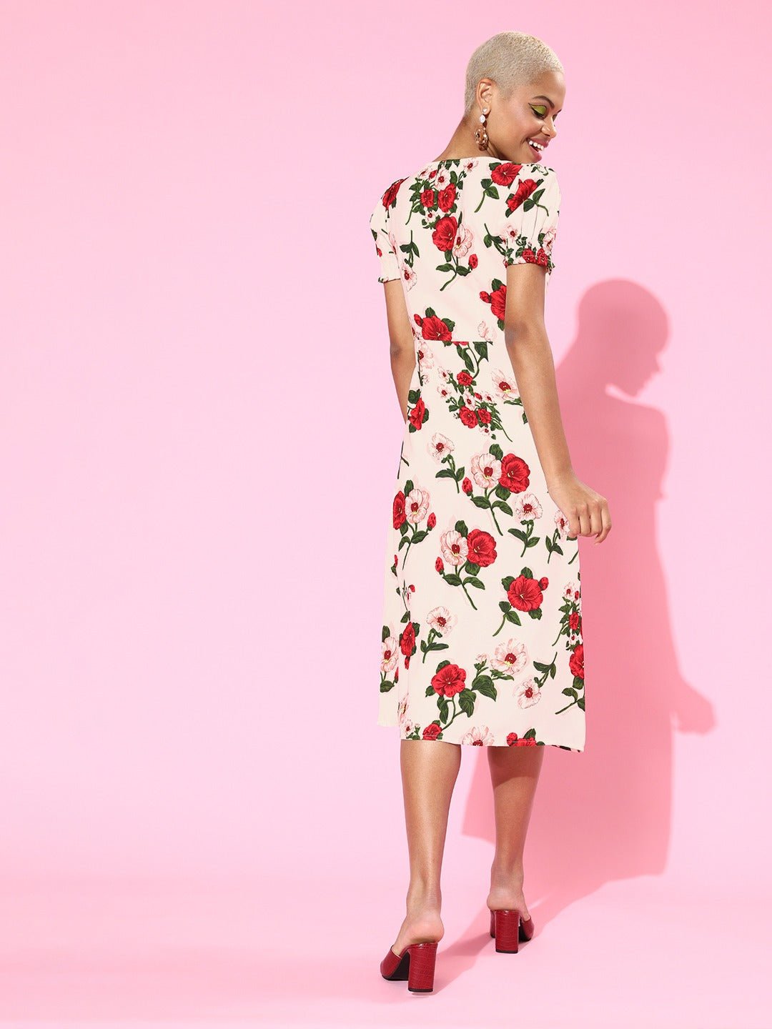 Folk Republic Women White Floral Printed V-Neck Side-Slit Flared Fit & Flare Midi Dress - #folk republic#