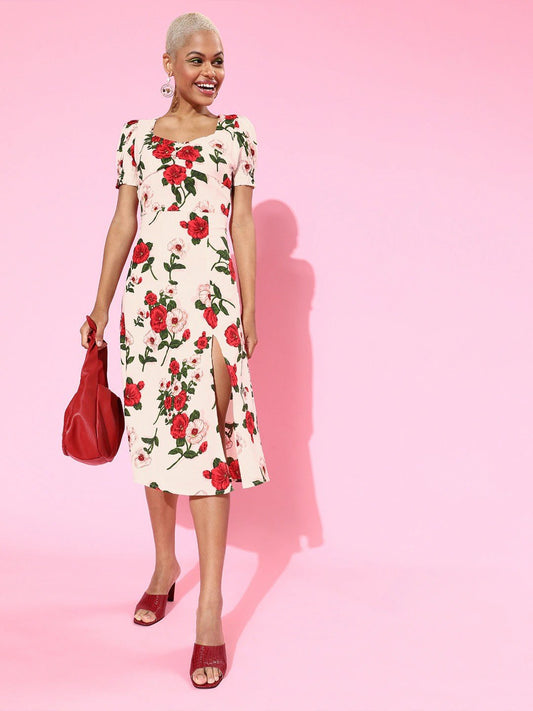Folk Republic Women White Floral Printed V-Neck Side-Slit Flared Fit & Flare Midi Dress - #folk republic#
