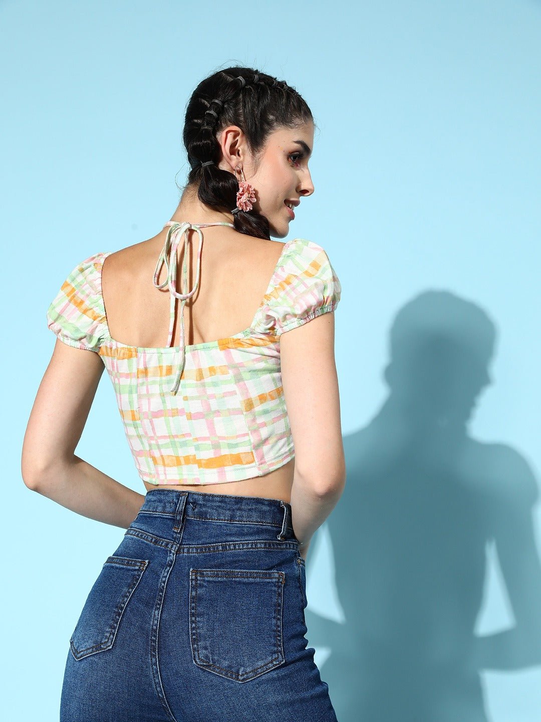 Folk Republic Women White & Green Checked Pattern V-Neck Puff Sleeves Back Tie-Up Cotton Cropped Top - #folk republic#