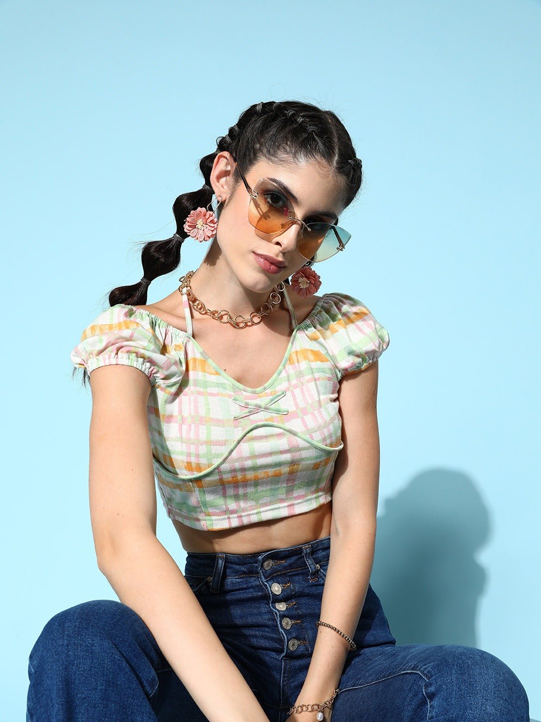 Folk Republic Women White & Green Checked Pattern V-Neck Puff Sleeves Back Tie-Up Cotton Cropped Top - #folk republic#