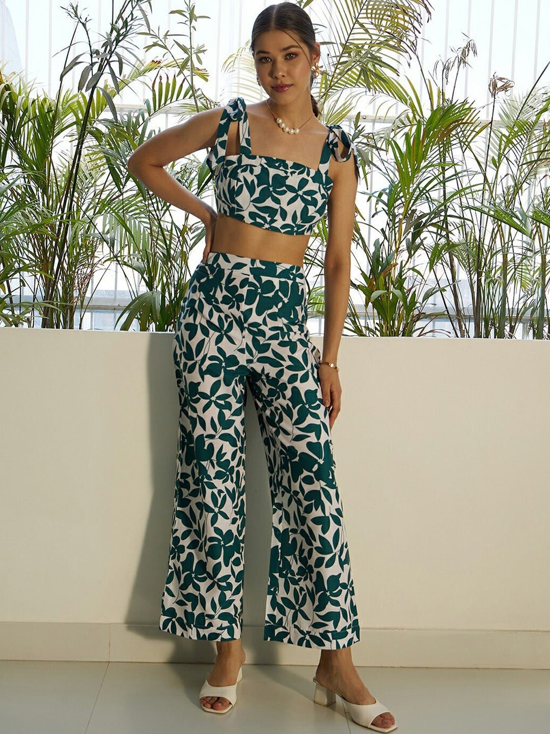 Folk Republic Women White & Green Floral Printed Square Neck Tie-Up Straps Crop Top & Slip-On Trousers Co-Ordinate Set - #folk republic#