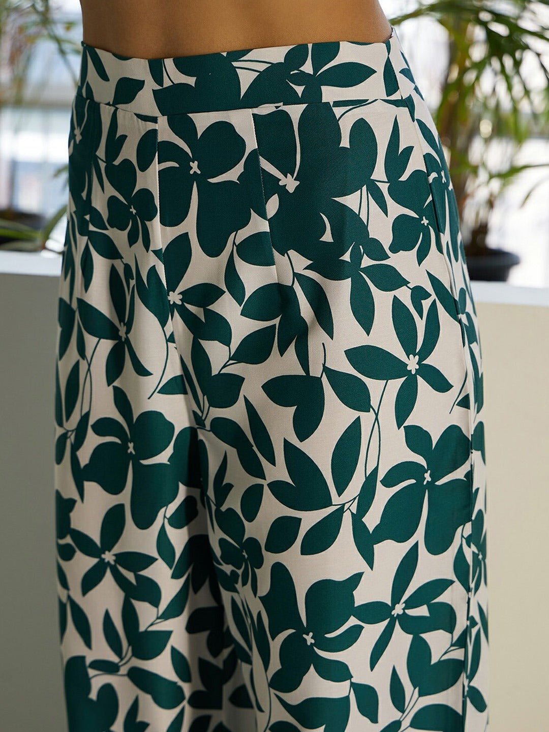Folk Republic Women White & Green Floral Printed Square Neck Tie-Up Straps Crop Top & Slip-On Trousers Co-Ordinate Set - #folk republic#