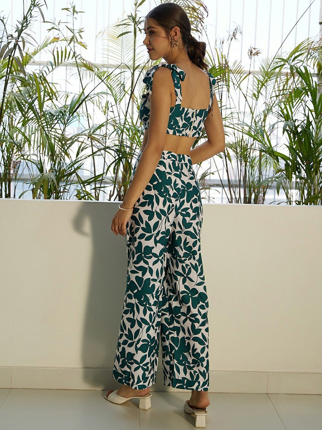 Folk Republic Women White & Green Floral Printed Square Neck Tie-Up Straps Crop Top & Slip-On Trousers Co-Ordinate Set - #folk republic#