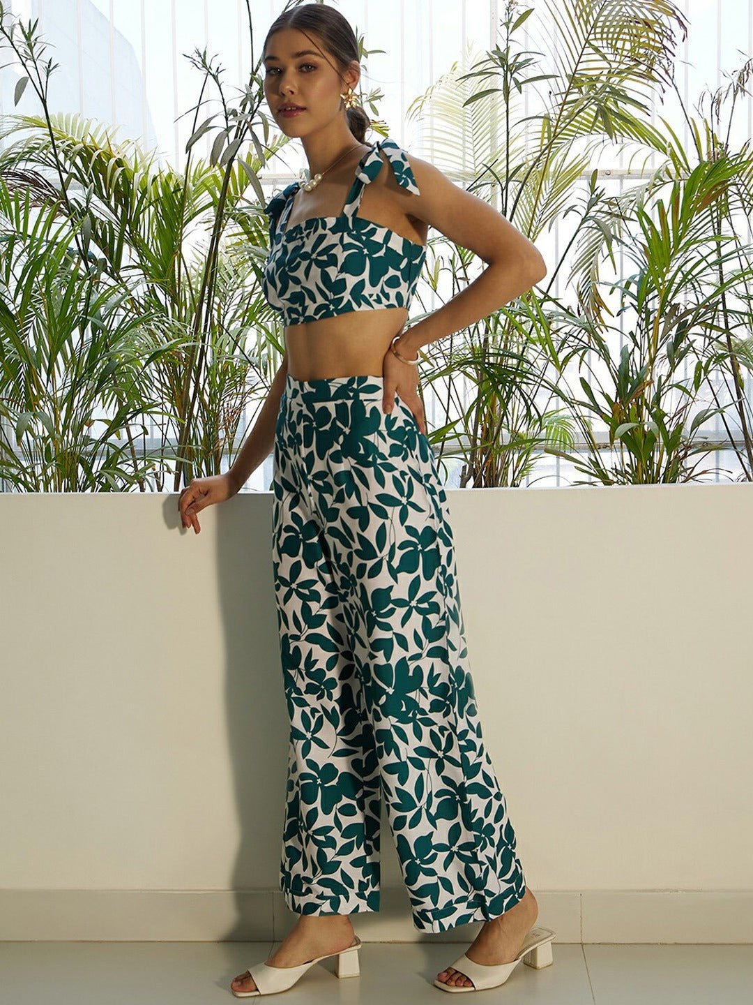 Folk Republic Women White & Green Floral Printed Square Neck Tie-Up Straps Crop Top & Slip-On Trousers Co-Ordinate Set - #folk republic#