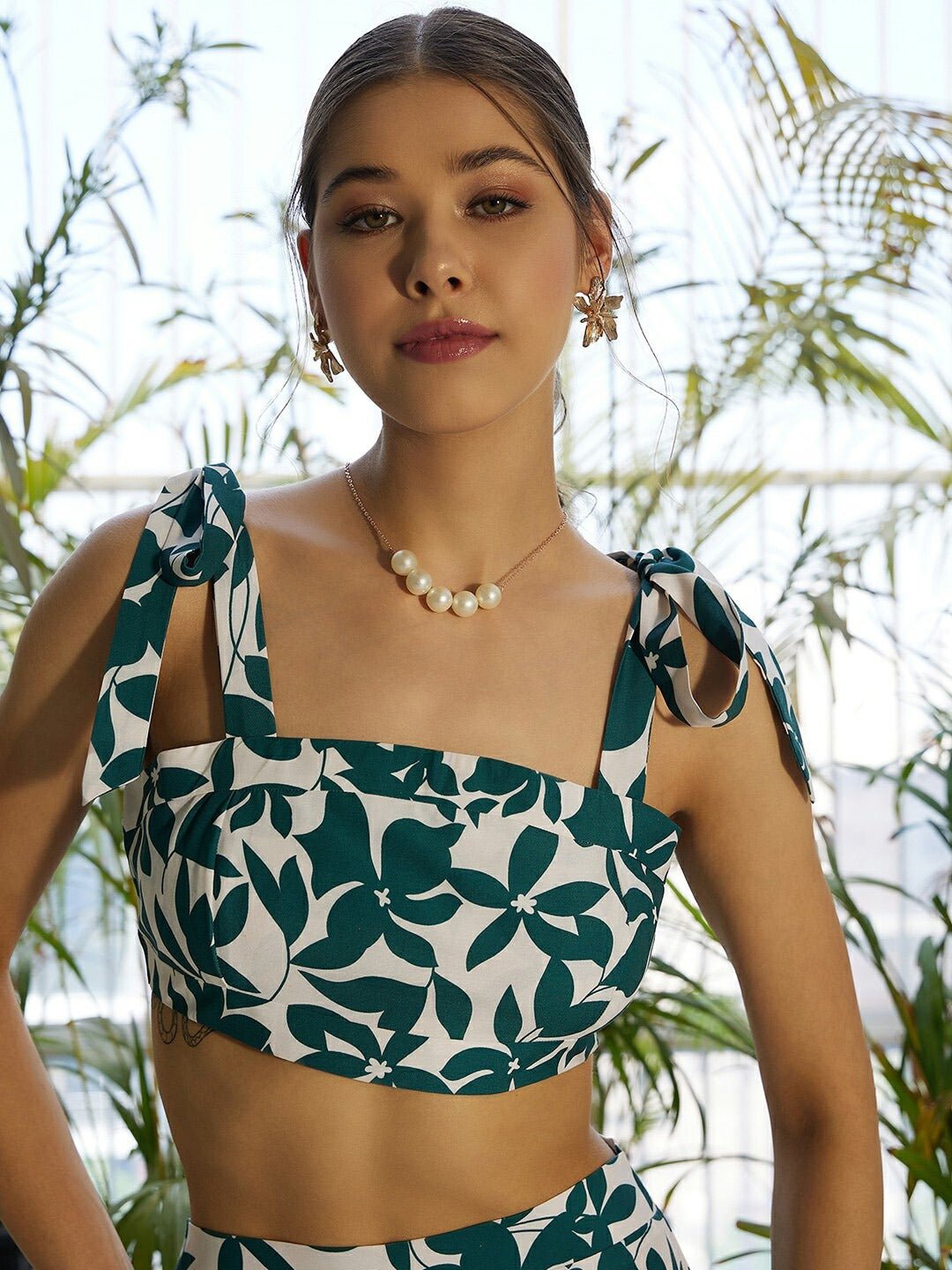 Folk Republic Women White & Green Floral Printed Square Neck Tie-Up Straps Crop Top & Slip-On Trousers Co-Ordinate Set - #folk republic#