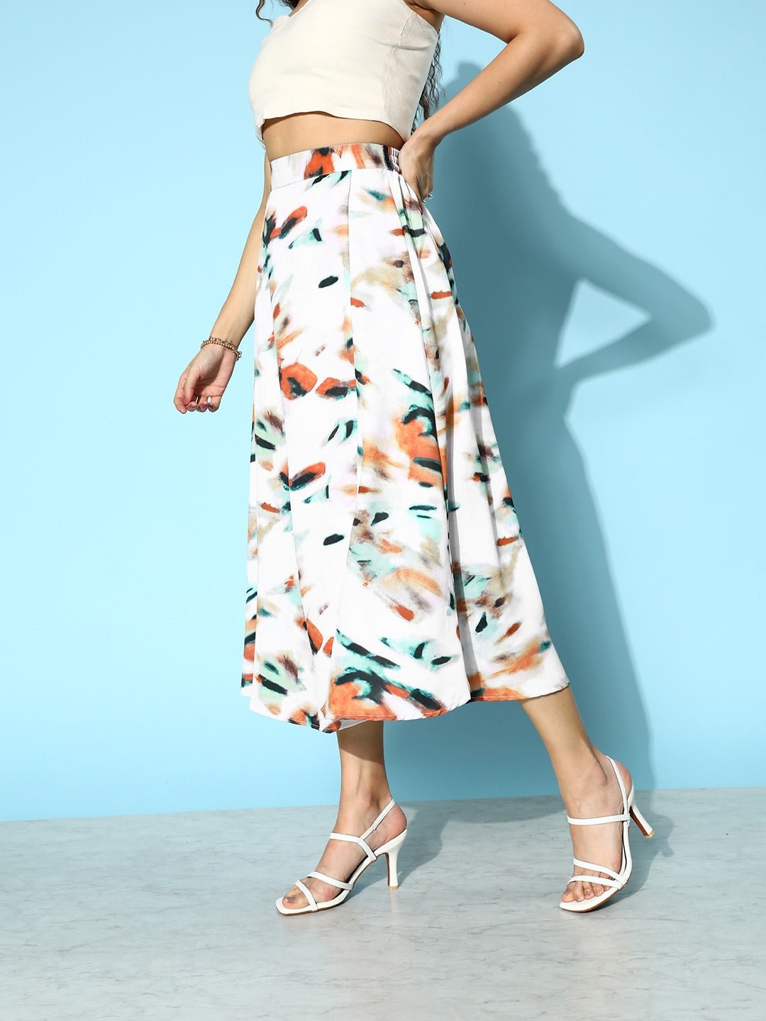 Folk Republic Women White, Green, & Orange Abstract Printed High-Rise Waist Thigh-High Slit Straight Hem A-Line Midi Skirt - #folk republic#