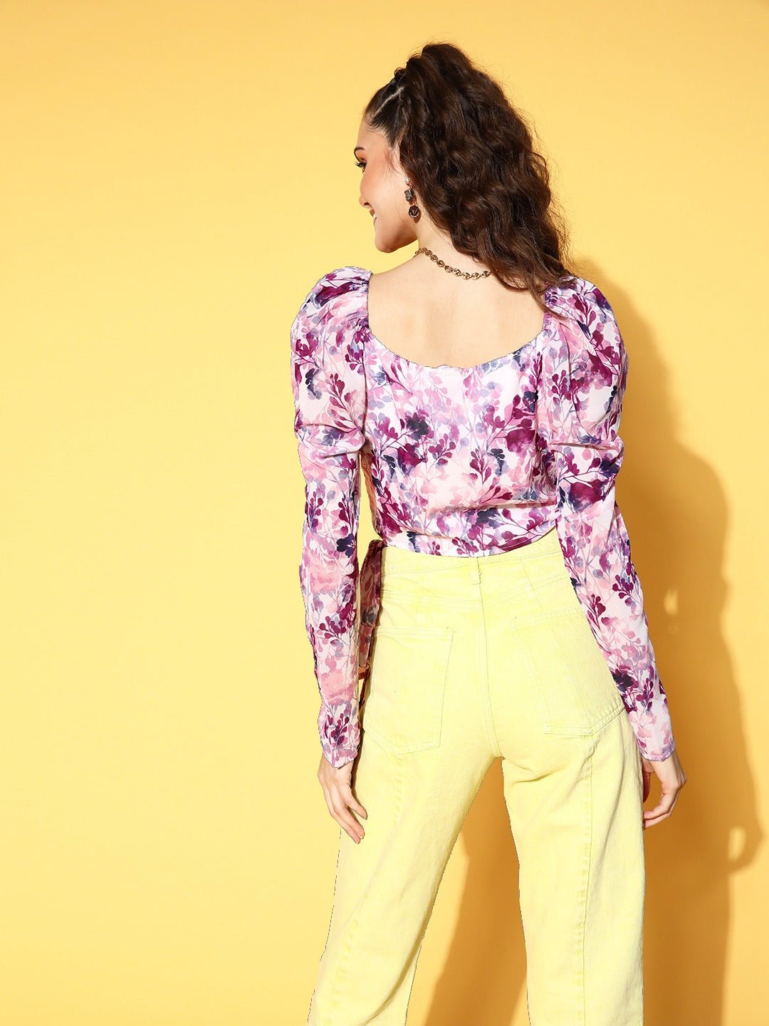Folk Republic Women White & Lavender Floral Printed Sweetheart Neck Waist Tie-Up Wrap Cropped Top - #folk republic#