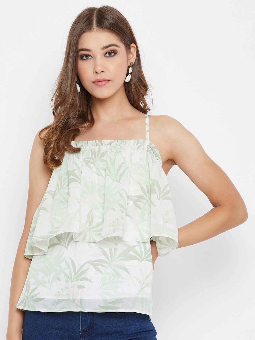 Folk Republic Women White Leaf Printed Layered Strappy Top - #folk republic#