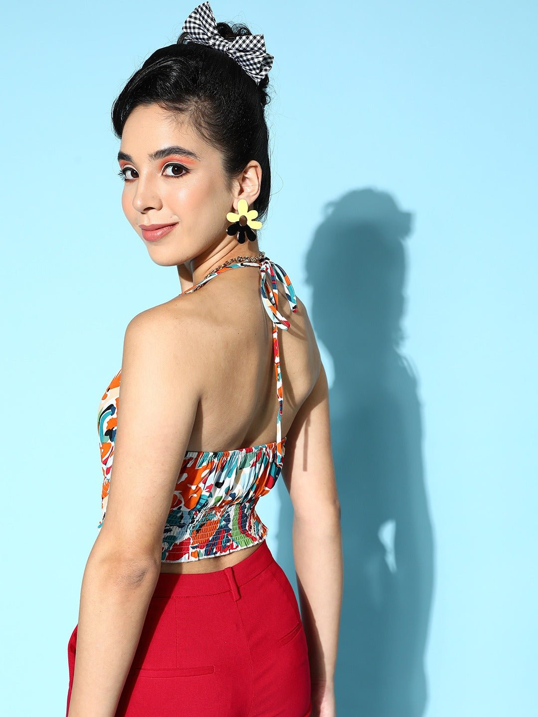 Folk Republic Women White & Multicolour Abstract Printed Halter Neck Crepe Tie-Up Backless Cropped Top - #folk republic#