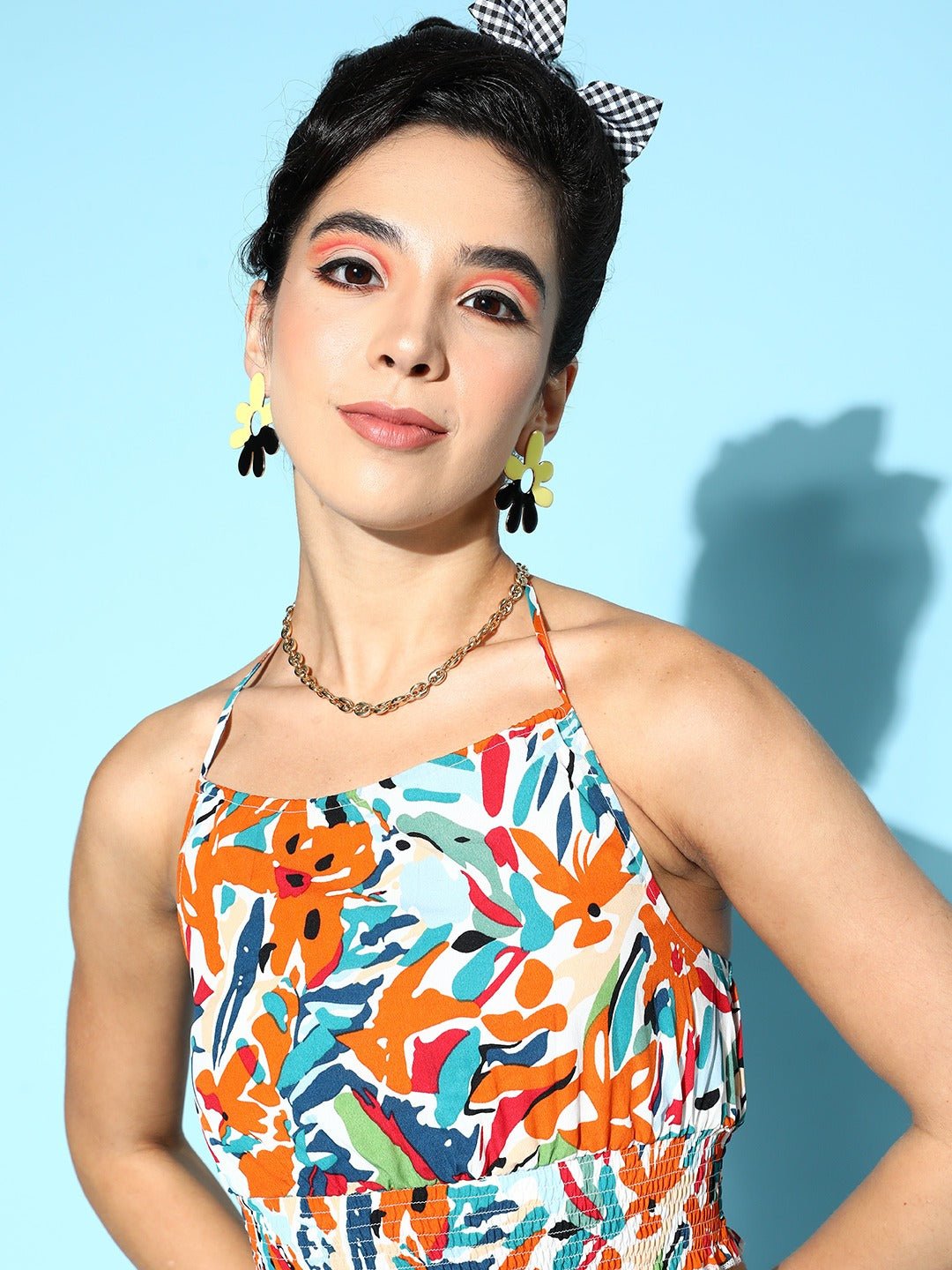 Folk Republic Women White & Multicolour Abstract Printed Halter Neck Crepe Tie-Up Backless Cropped Top - #folk republic#