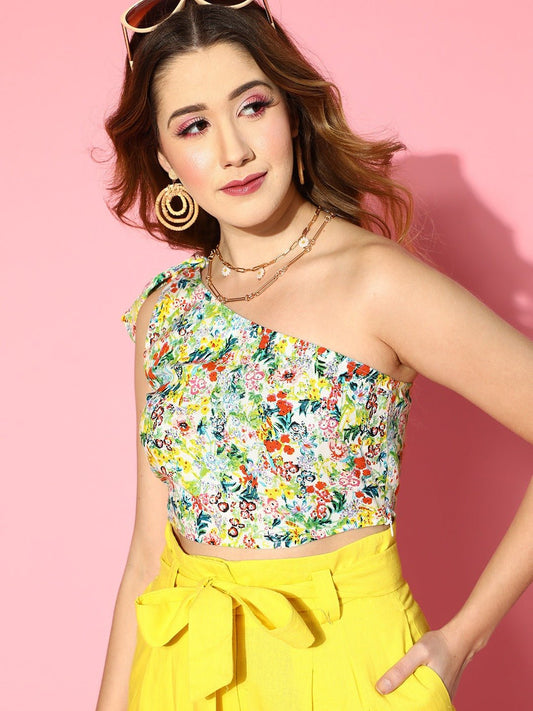 Folk Republic Women White & Multicolour Floral Printed One-Shoulder Neck Tie-Up Strap Cropped Top - #folk republic#
