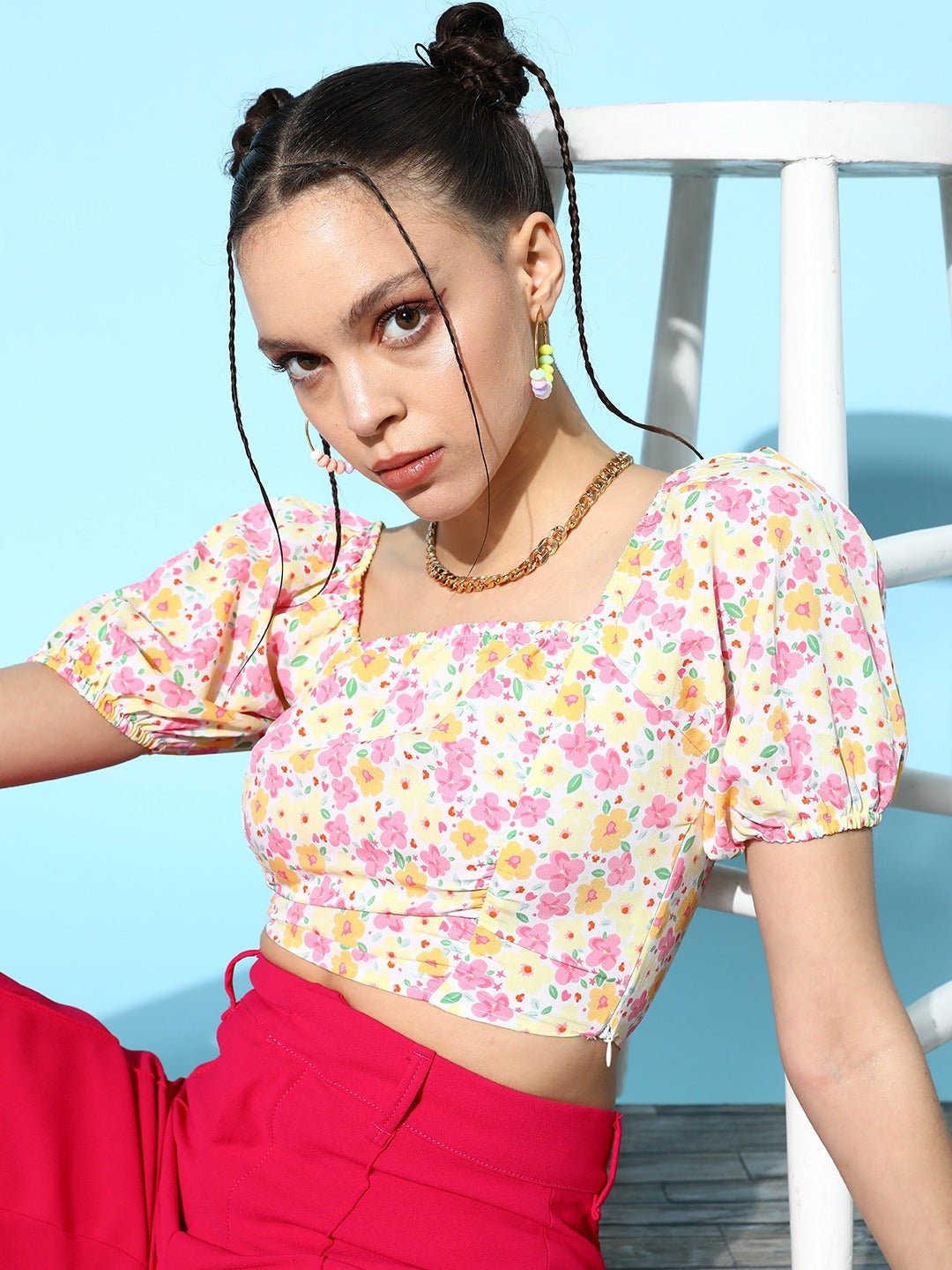 Folk Republic Women White & Multicolour Floral Printed Square Neck Puff Sleeves Crepe Cropped Top - #folk republic#