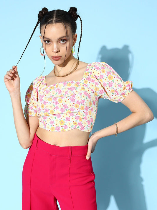 Folk Republic Women White & Multicolour Floral Printed Square Neck Puff Sleeves Crepe Cropped Top - #folk republic#