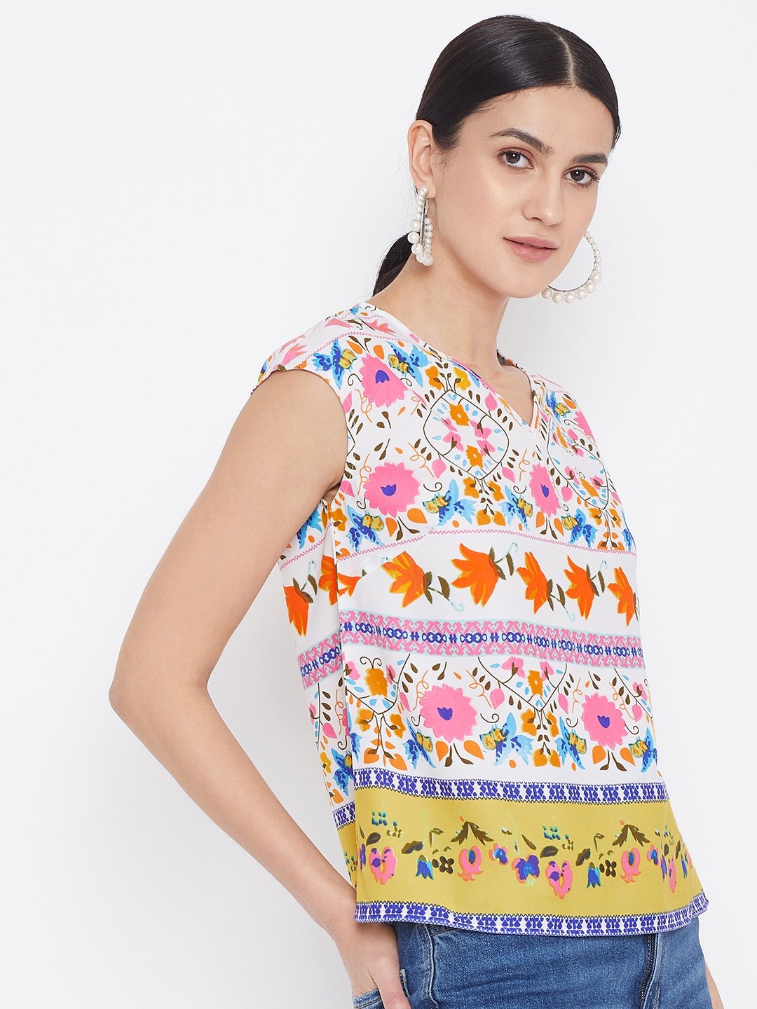 Folk Republic Women White & Multicolour Floral Printed V-Neck Cap Sleeve Regular Top - #folk republic#