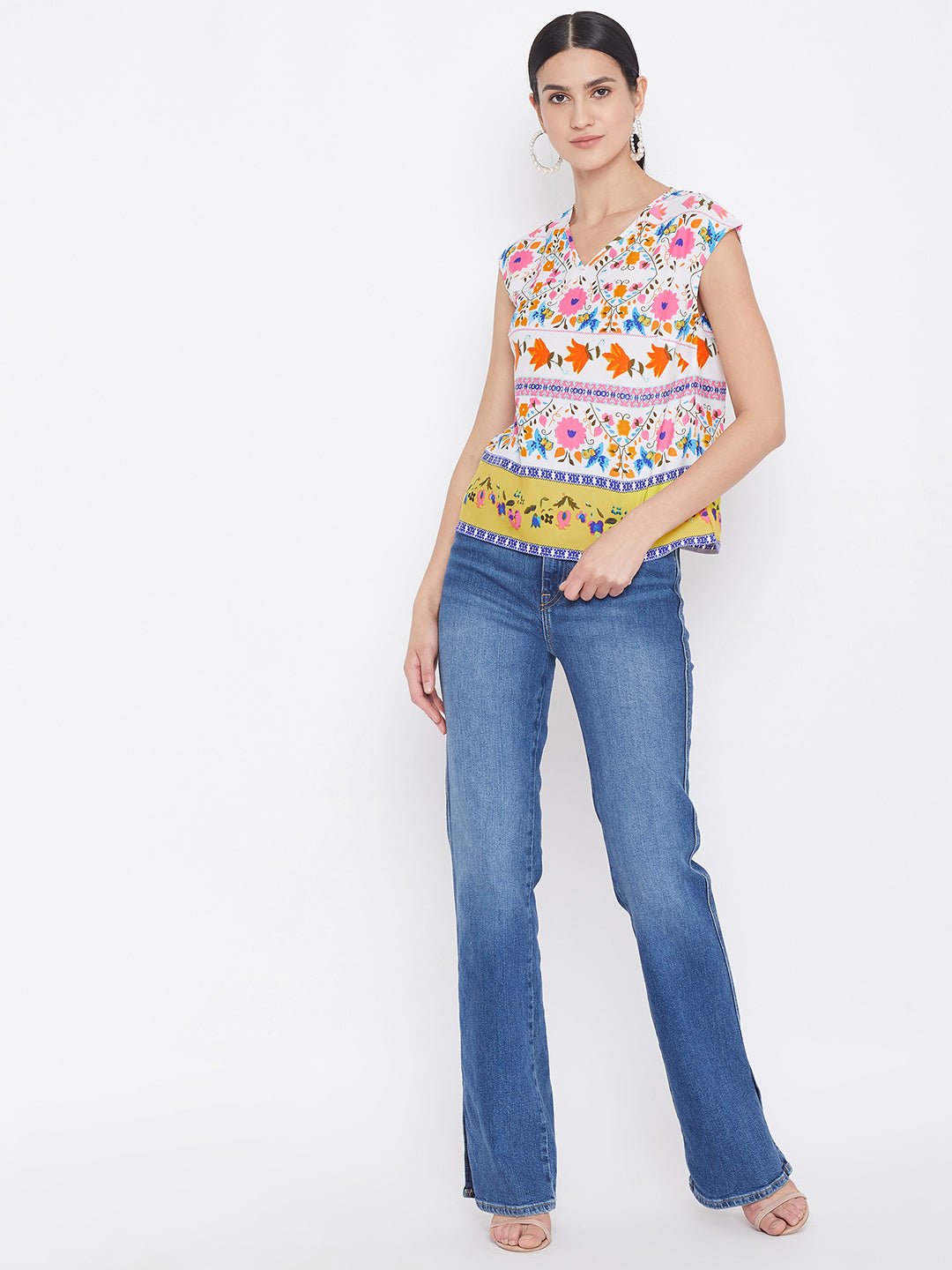 Folk Republic Women White & Multicolour Floral Printed V-Neck Cap Sleeve Regular Top - #folk republic#