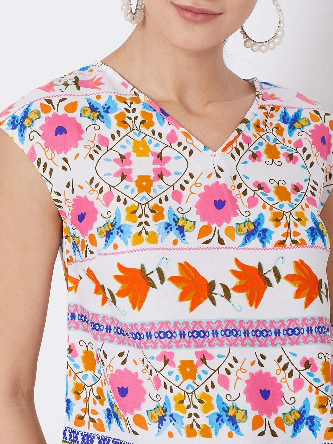 Folk Republic Women White & Multicolour Floral Printed V-Neck Cap Sleeve Regular Top - #folk republic#