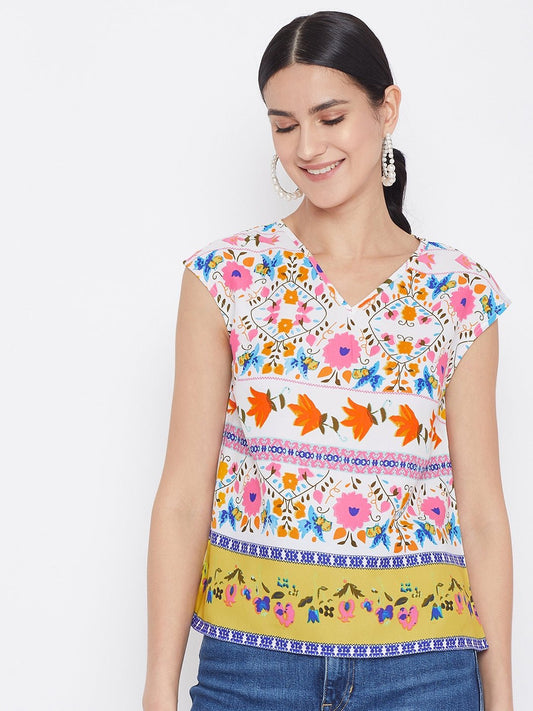 Folk Republic Women White & Multicolour Floral Printed V-Neck Cap Sleeve Regular Top - #folk republic#