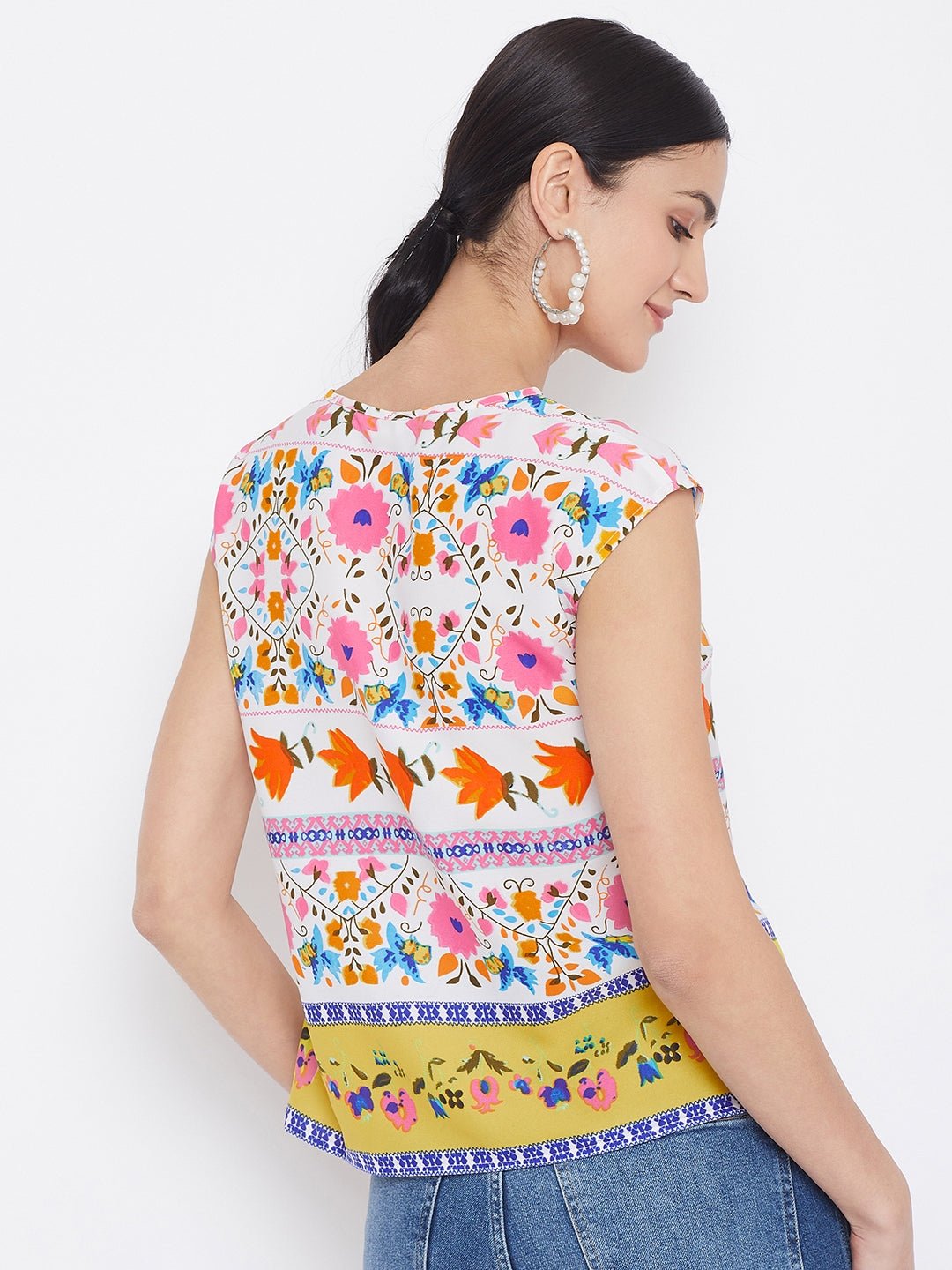 Folk Republic Women White & Multicolour Floral Printed V-Neck Cap Sleeve Regular Top - #folk republic#