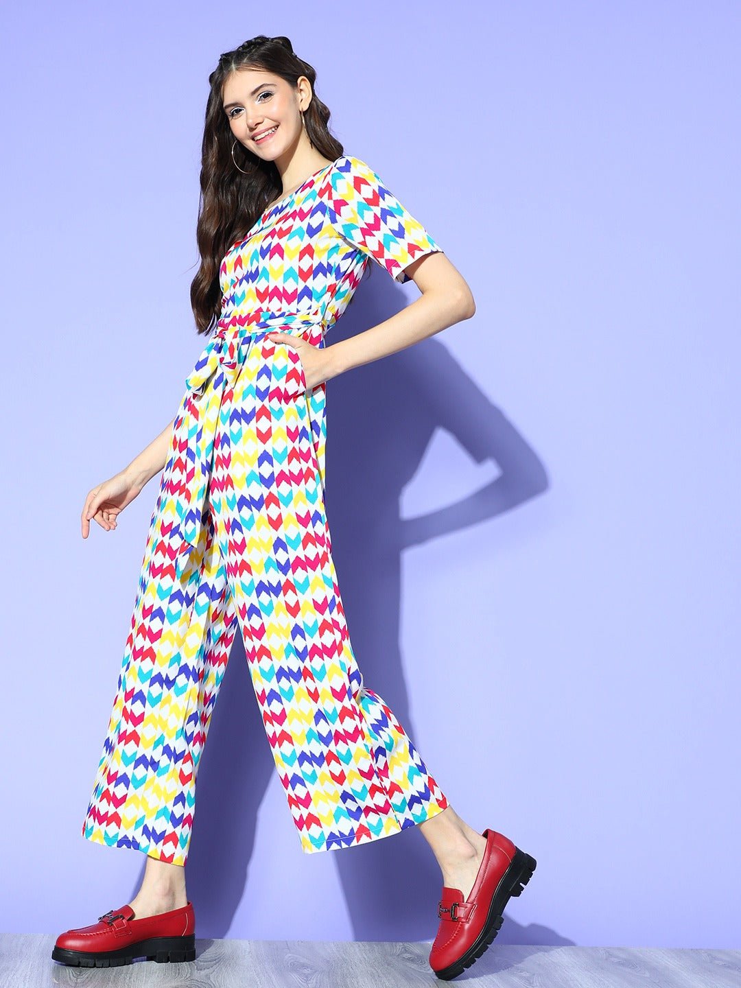 Folk Republic Women White & Multicolour Geometric Printed Round Neck Tie-Up Waist Wide Leg Regular Jumpsuit - #folk republic#